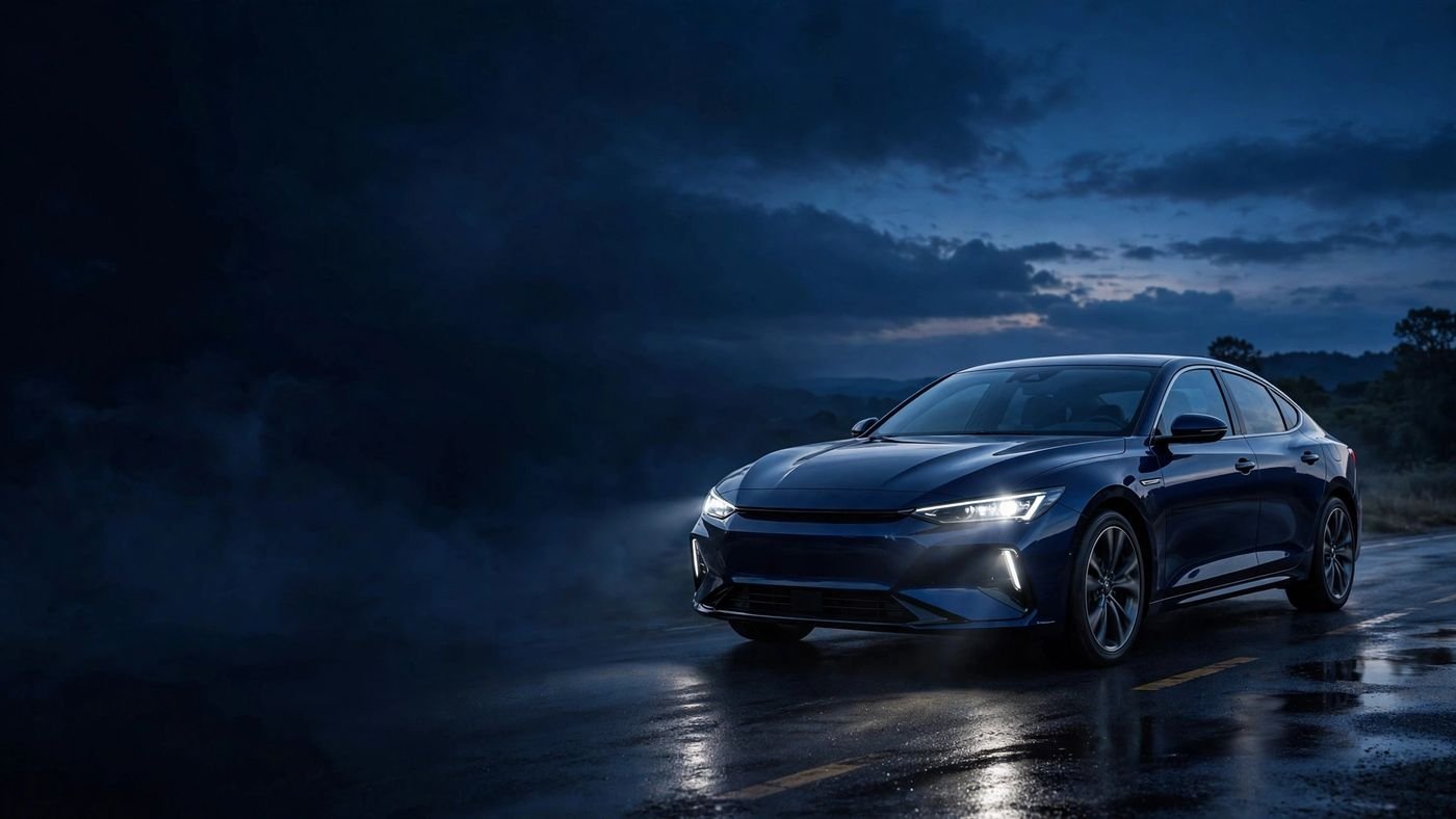 Dark blue car driving on a wet road at night