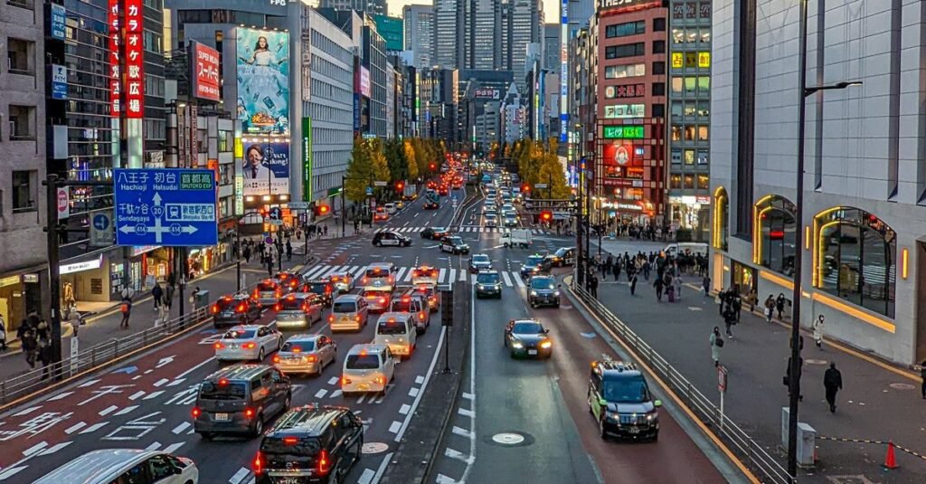 Street traffic in Tokyo, Japan, where cars drive on the left